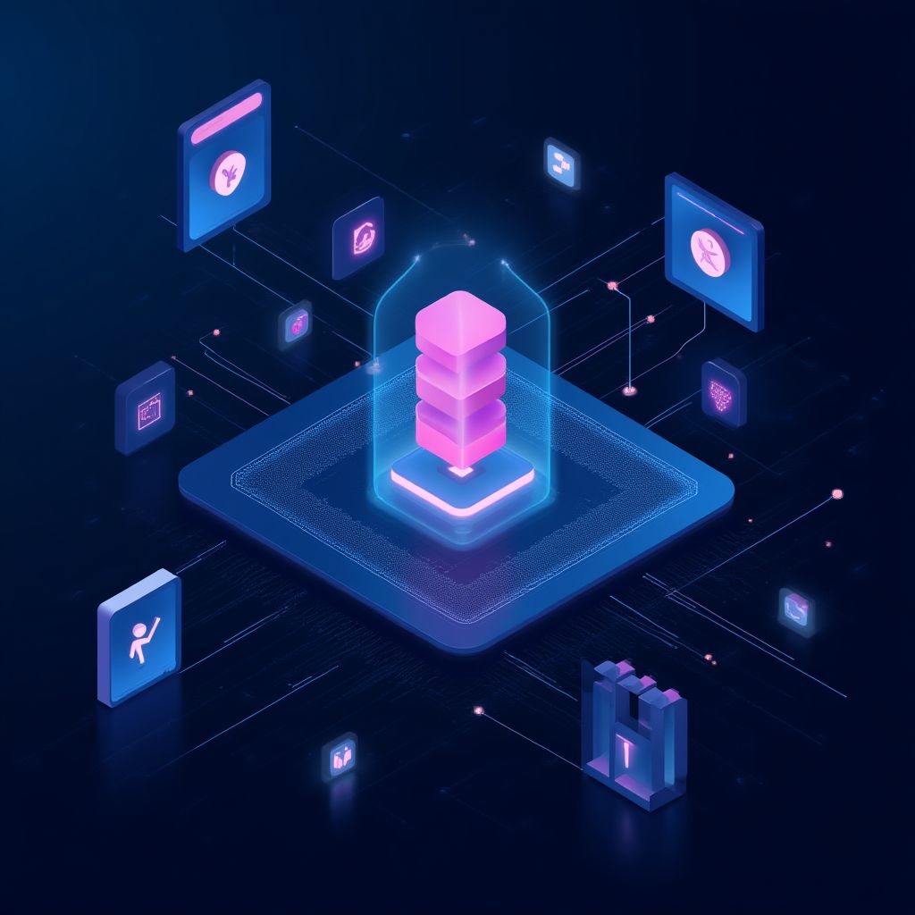 Ilustración de FinTech con elementos tecnológicos financieros